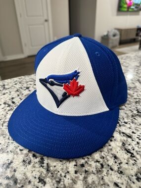New Era Blue White Toronto Blue Jays Fitted Hat with Red Maple Leaf Logo